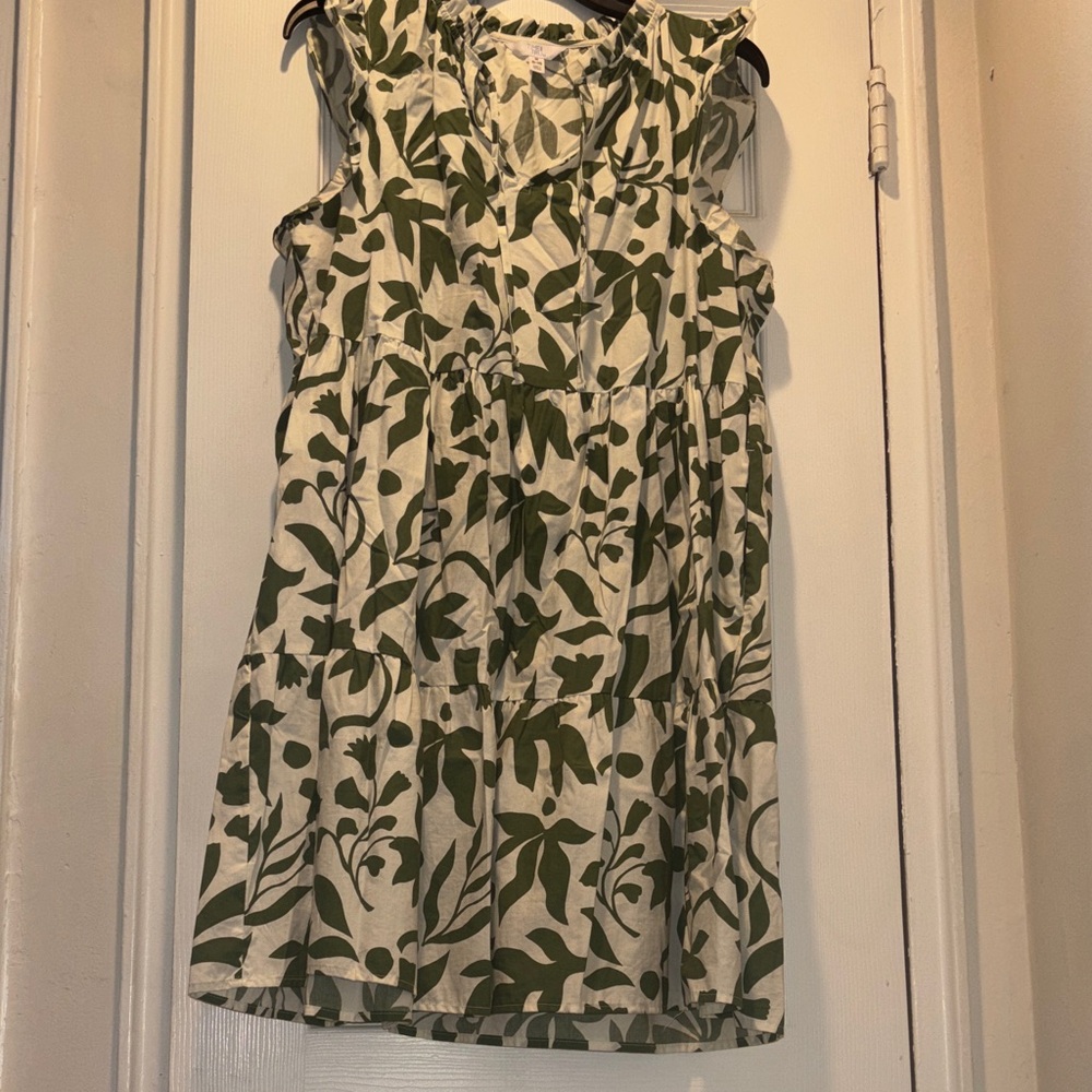 Time and Tru Cream Dress with Green Leaf Print